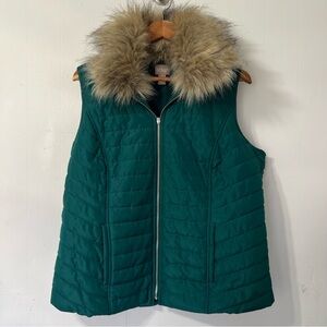 Chico's Teal Quilted Puffer Zip Up Vest Detachable Faux Fur Collar Size 2 L